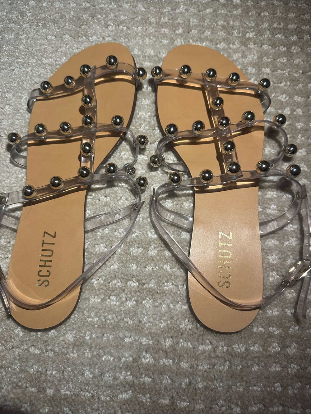 SCHUTZ Clear Gladiator Sandals with Gold Studs and Nude Footbed